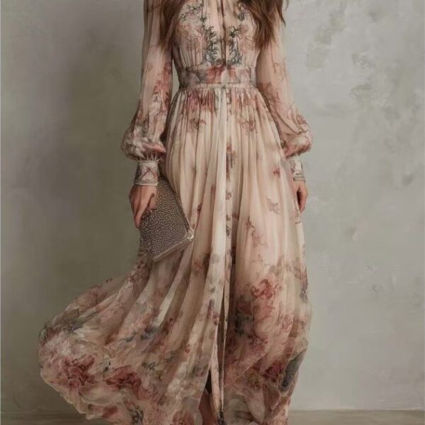 Robe longue femme à manches bouffantes