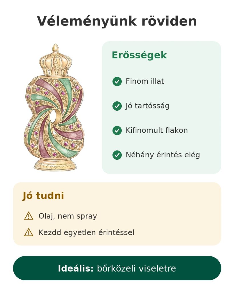 Al Haramain Tanasuk parfümolaj Véleményünk röviden: az Al Haramain Tanasuk parfümolaj kifinomult, aranyszínű flakonban