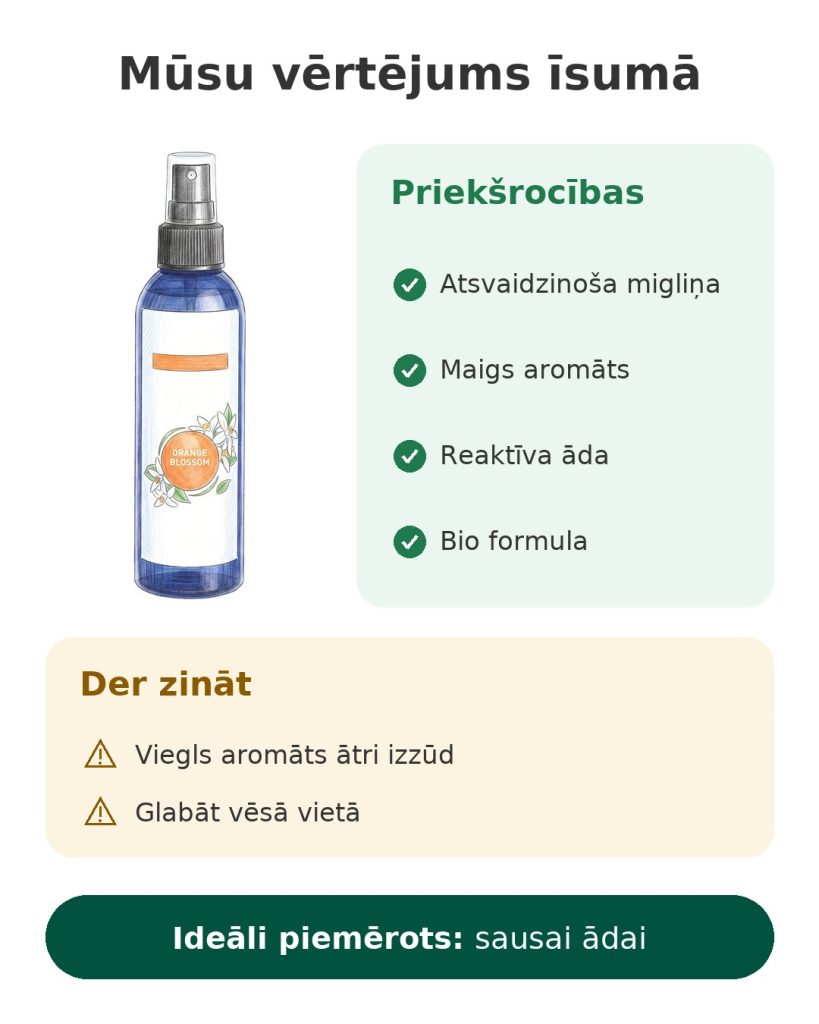 Mūsu vērtējums īsumā par apelsīnu ziedu hidrolātu, bio sejas miglu