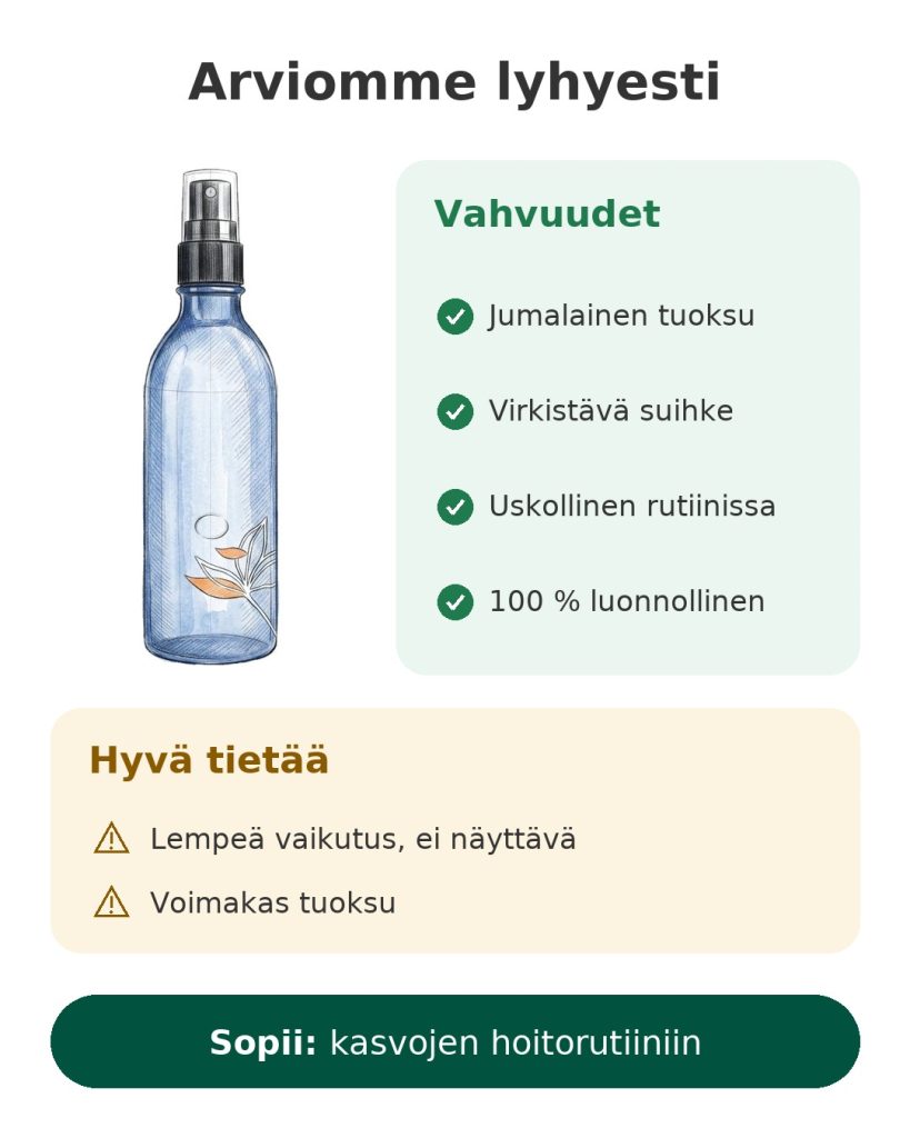 Arviomme lyhyesti: appelsiininkukkavesi, virkistävä ja 100 % luonnollinen kasvosuihke