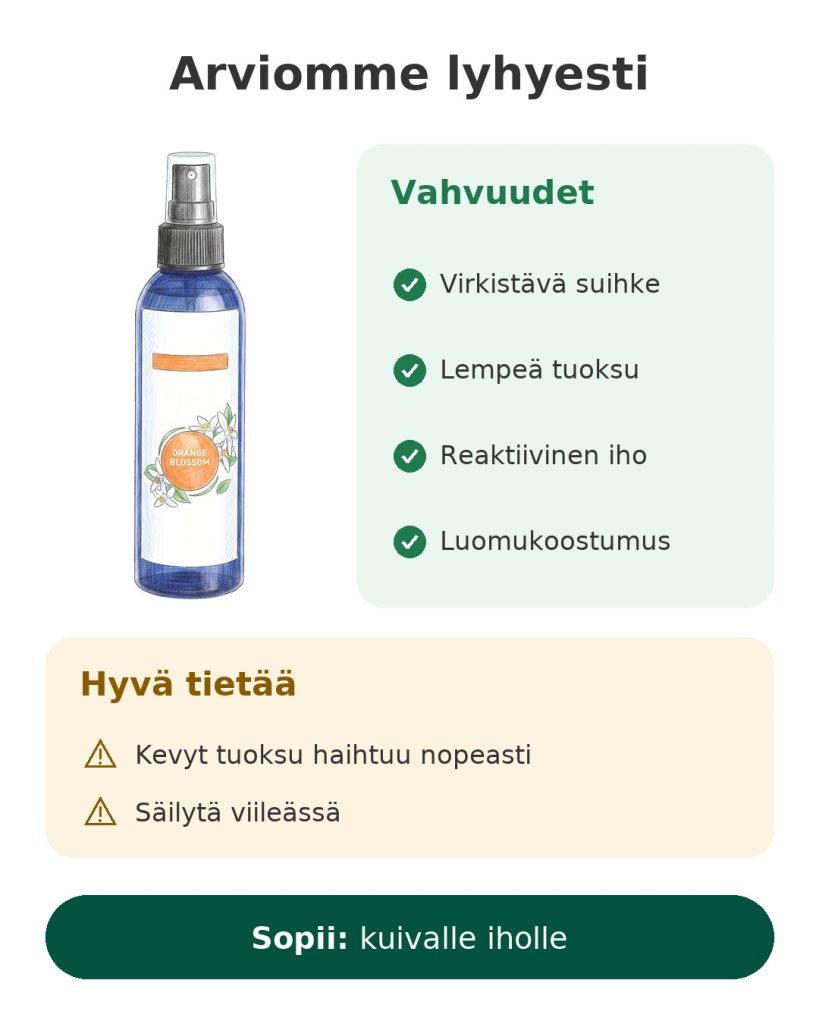 Arviomme lyhyesti: appelsiininkukkavesi, luomusuihke iholle, edut ja huomioitavat asiat