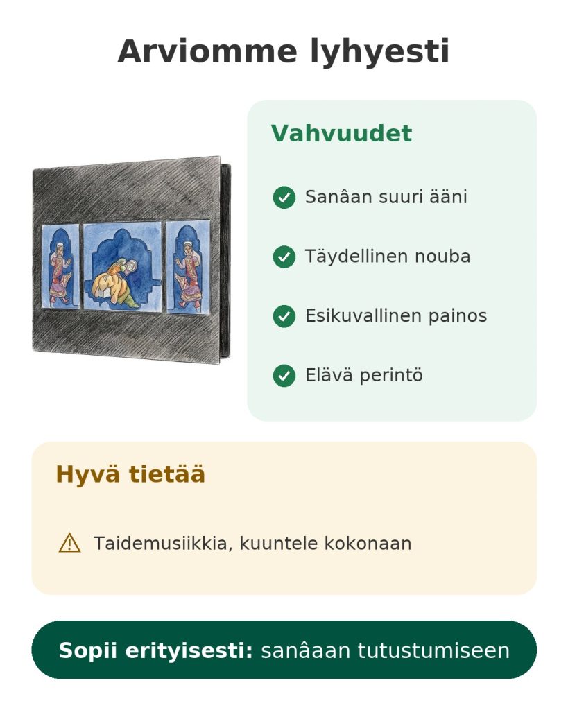 Arviomme lyhyesti: arabialais-andalusialainen sanâa-nouba – vahvuudet, tiedettävää ja kohderyhmä