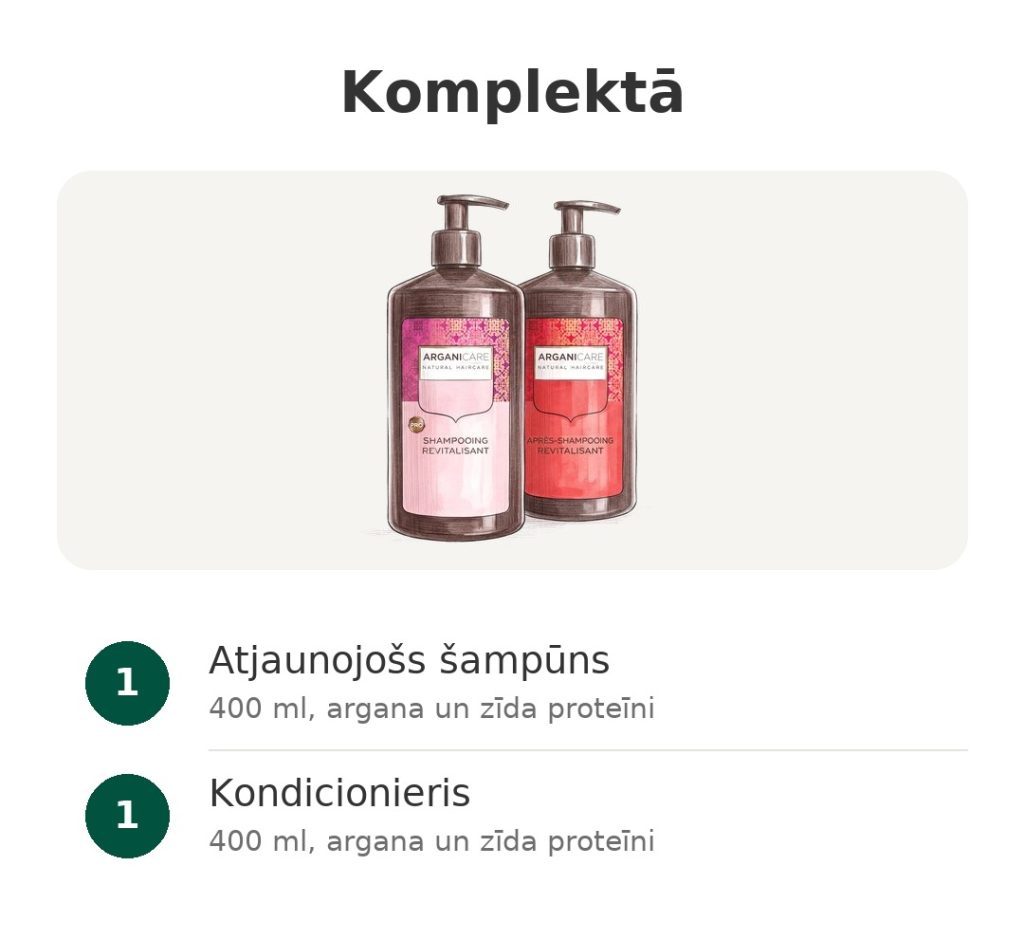 Arganicare komplekts ar atjaunojošu šampūnu un kondicionieri pa 400 ml, ar arganu un zīda proteīniem