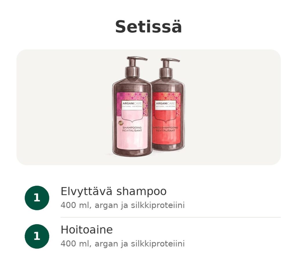 Arganicare-setti elvyttävällä shampoolla ja hoitoaineella, 400 ml, arganilla ja silkkiproteiinilla