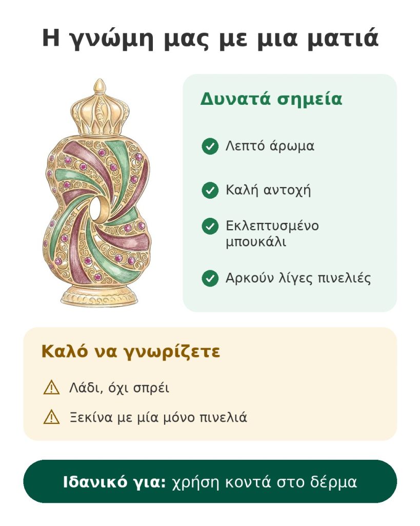 Η γνώμη μας με μια ματιά για το αρωματικό λάδι Al Haramain Tanasuk σε εκλεπτυσμένο χρυσαφί μπουκάλι