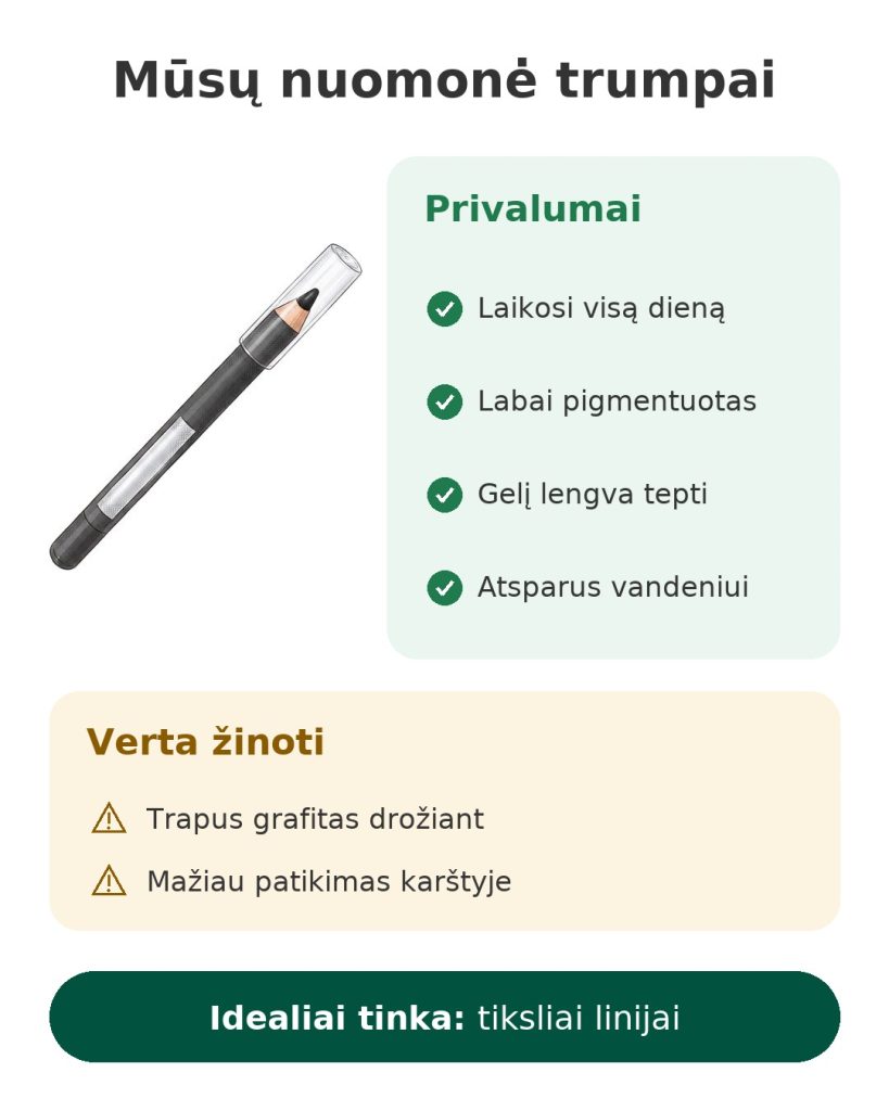 Mūsų nuomonė trumpai apie atsparų vandeniui gelinį pieštuką Maybelline Tattoo Liner