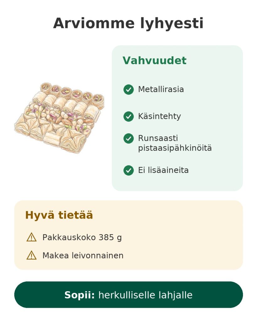 Arviomme lyhyesti: Mughe Gourmet -baklavavalikoima pistaasipähkinöillä lahjarasiassa
