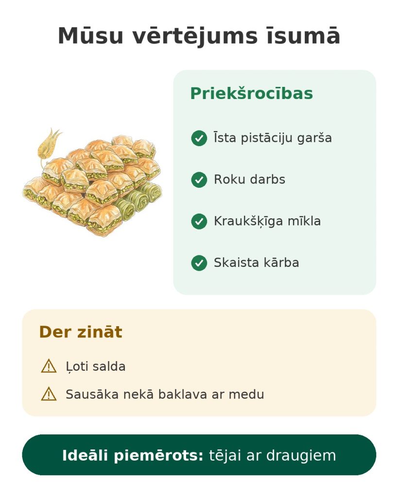 Mūsu vērtējums īsumā par turku baklavu ar pistācijām, roku darbu, skaistā kārbā