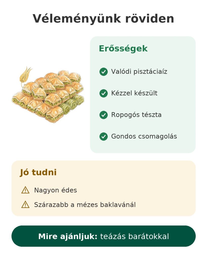Véleményünk röviden: török pisztáciás baklava, kézzel készült, gondos dobozban