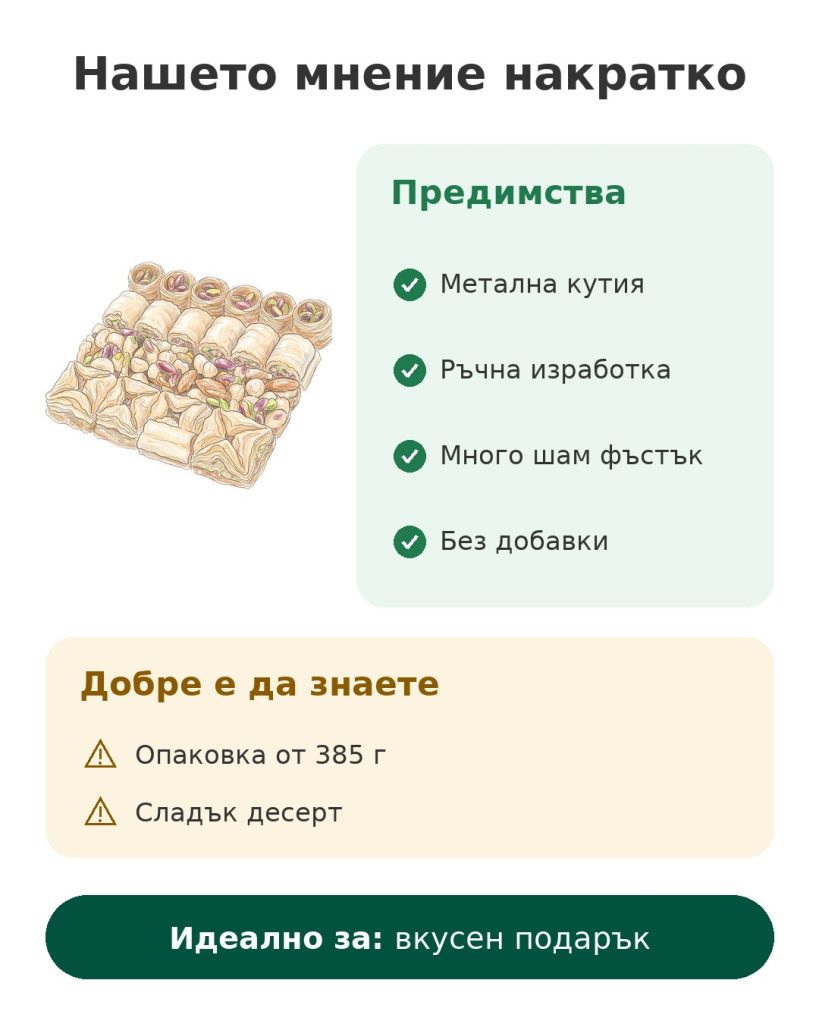 Нашето мнение накратко за асорти от баклава с шам фъстък Mughe Gourmet в подаръчна кутия