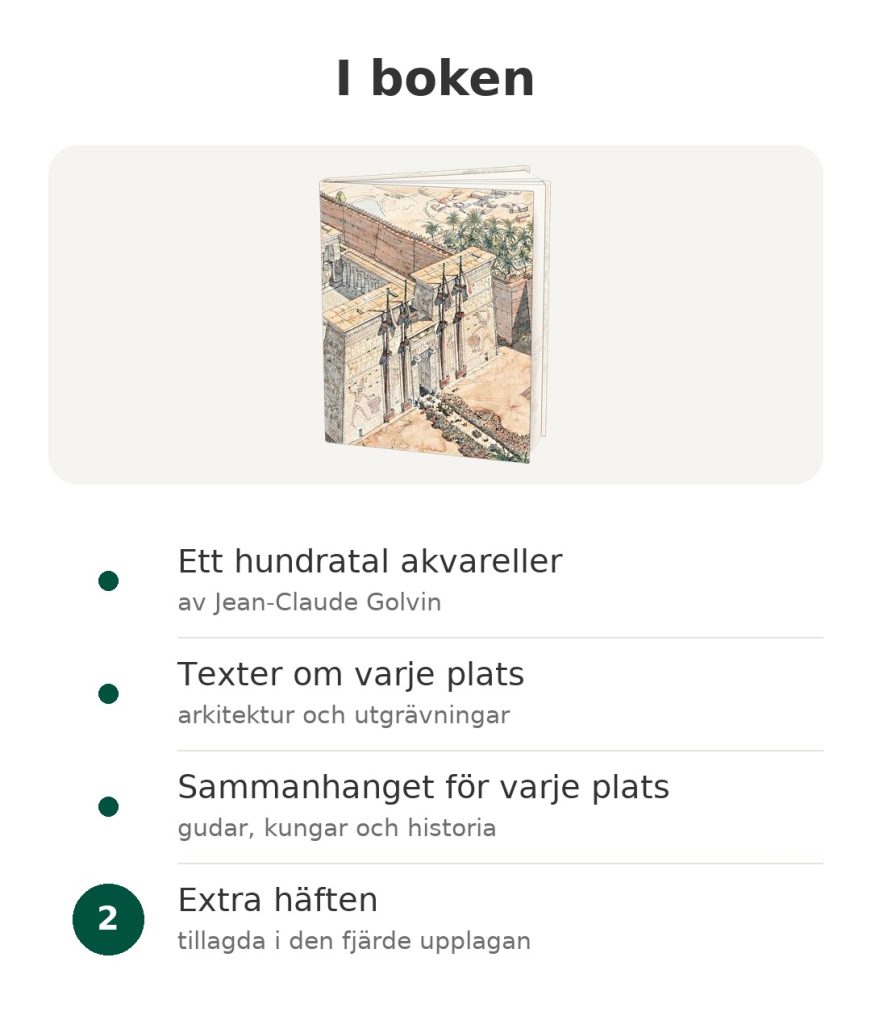 Bok om det forntida Egypten med ett hundratal akvareller av Jean-Claude Golvin, texter om varje plats och historiskt sammanhang