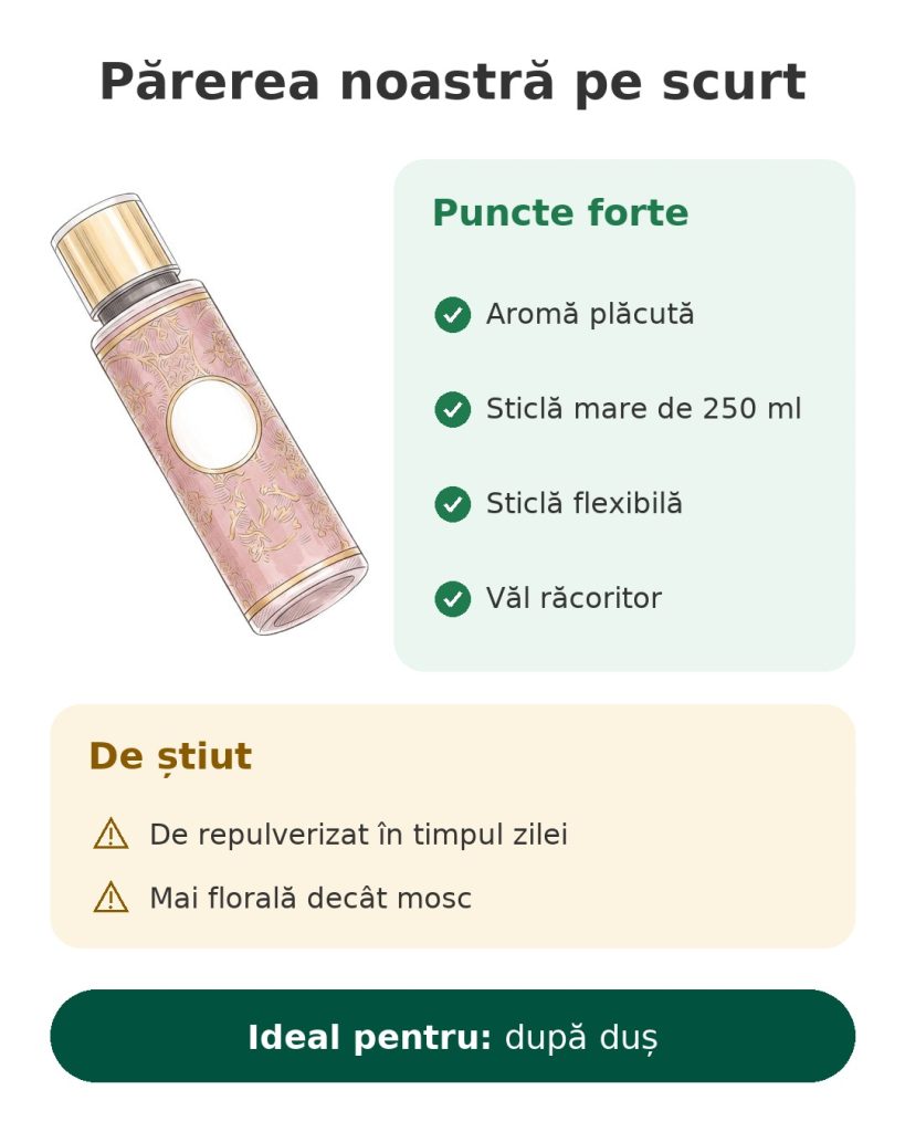 Părerea noastră pe scurt despre bruma parfumată cu mosc Tahara, sticlă de 250 ml