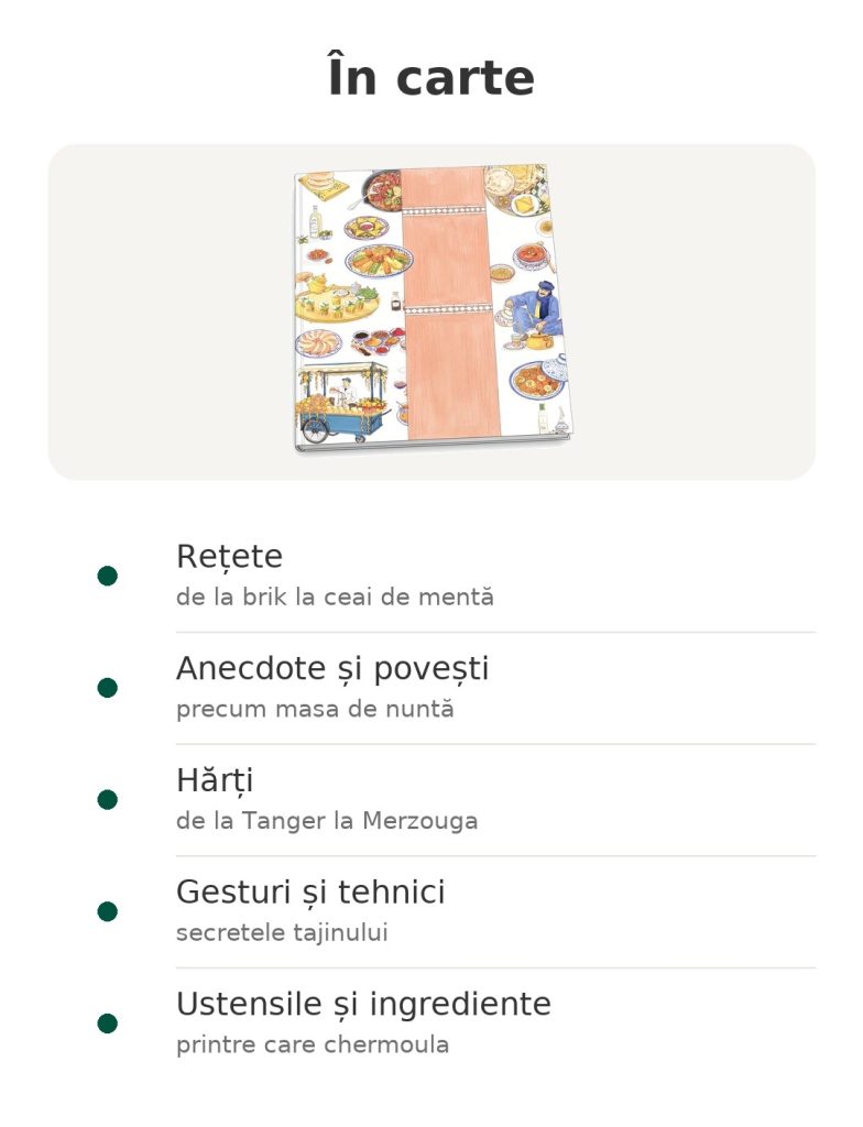 În carte – carte de bucătărie marocană : Rețete; Anecdote și povești; Hărți