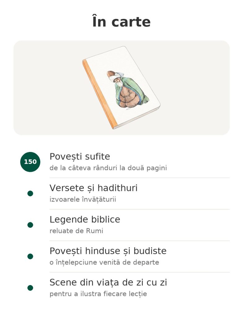 În carte – carte de povești sufite Rumi : Povești sufite; Versete și hadithuri; Legende biblice