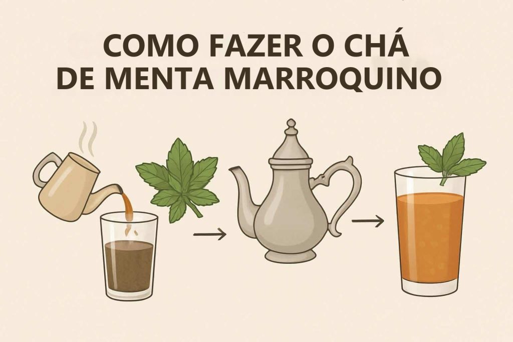 Como fazer o chá de menta marroquino: ilustração com chaleira, folhas de hortelã e copo