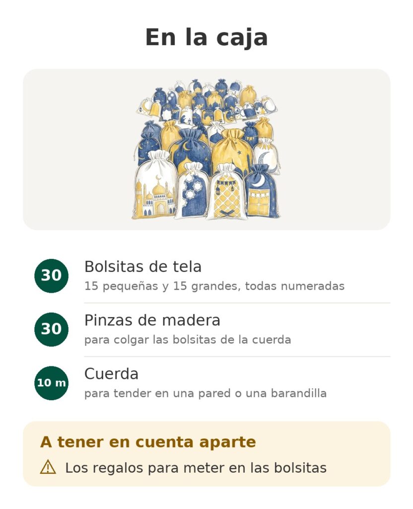 En la caja: Bolsitas de tela, Pinzas de madera, Cuerda