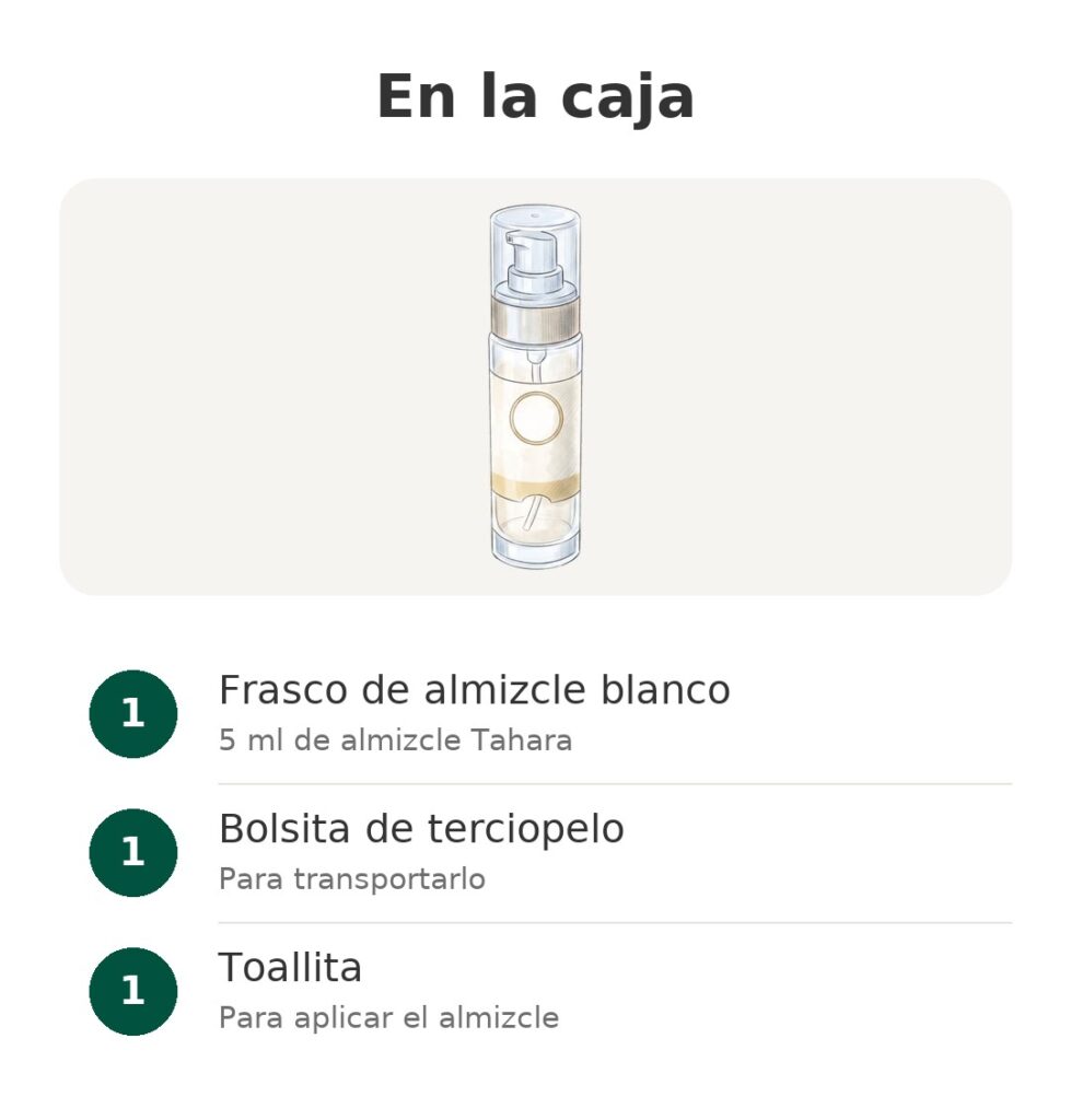 En la caja: Frasco de almizcle blanco, Bolsita de terciopelo, Toallita