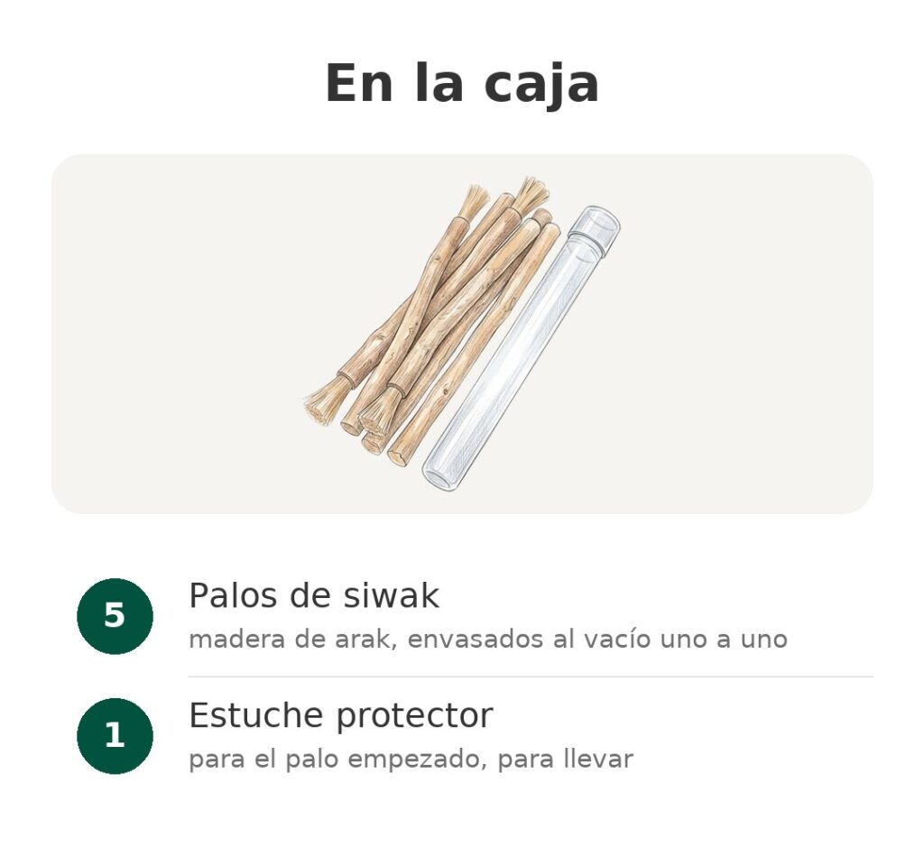 En la caja: Palos de siwak, Estuche protector