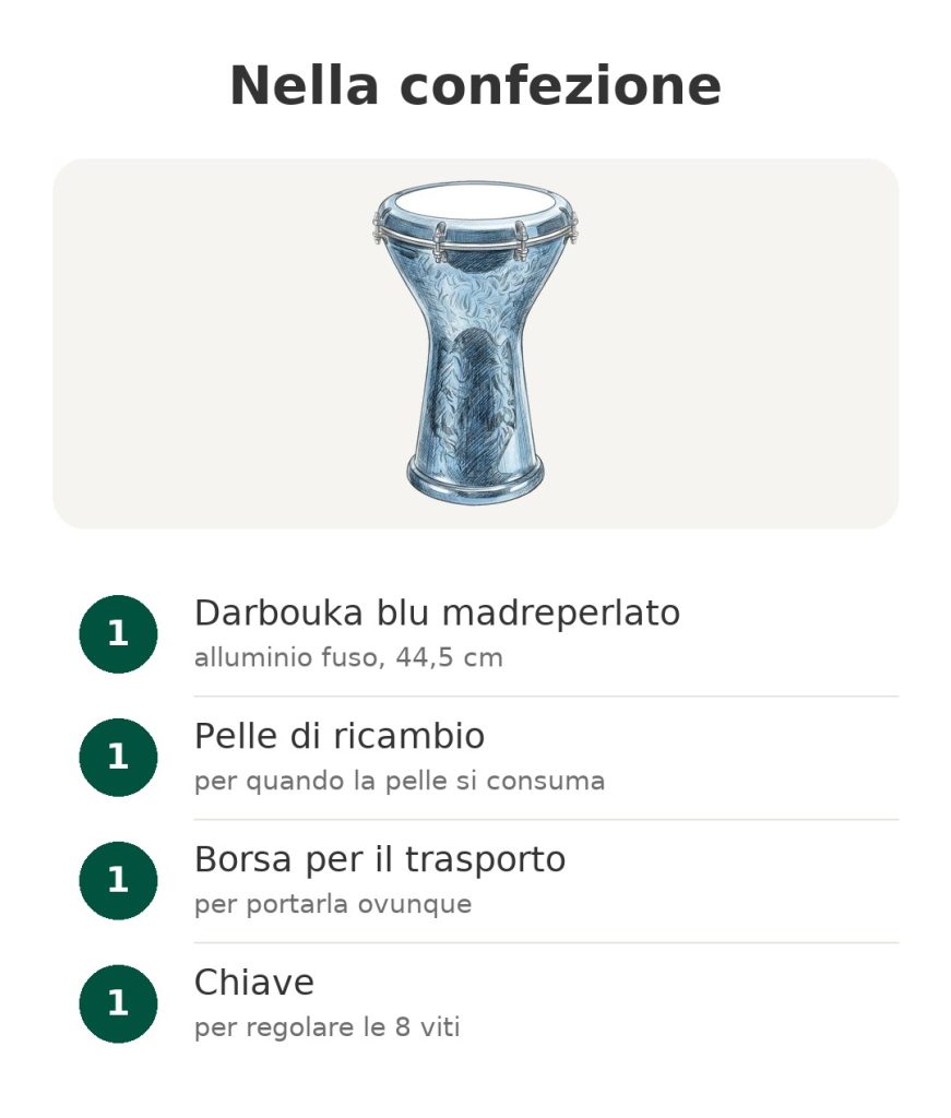 Nella confezione: darbouka blu madreperlato, pelle di ricambio, borsa per il trasporto, chiave