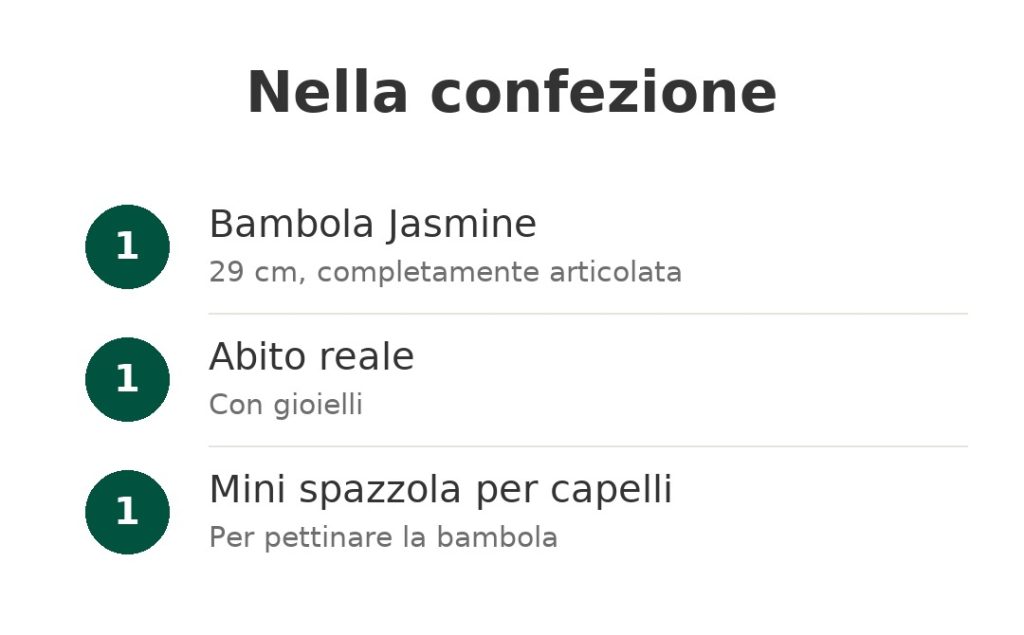 Nella confezione: bambola Jasmine, abito reale, mini spazzola per capelli