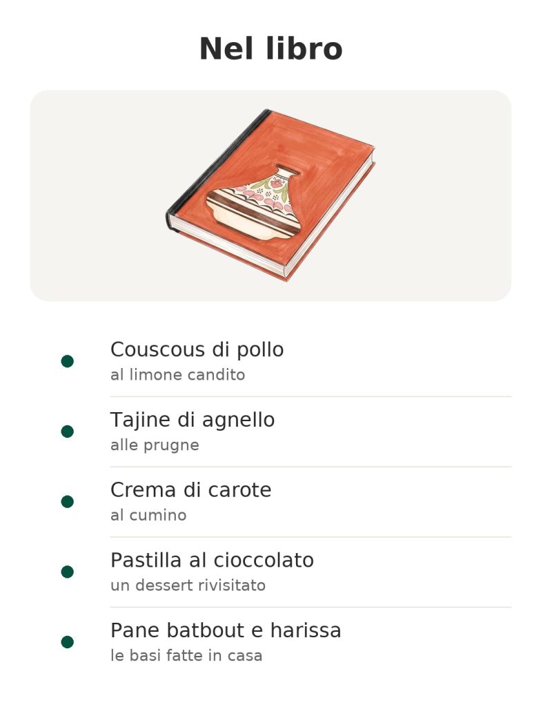 Nel libro: Couscous di pollo, Tajine di agnello, Crema di carote