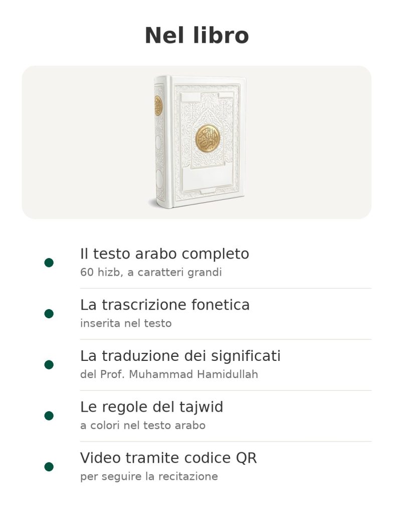 Nel libro: Il testo arabo completo, La trascrizione fonetica, La traduzione dei significati