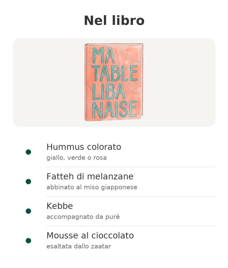 Nel libro: hummus colorato, fatteh di melanzane, kebbe, mousse al cioccolato
