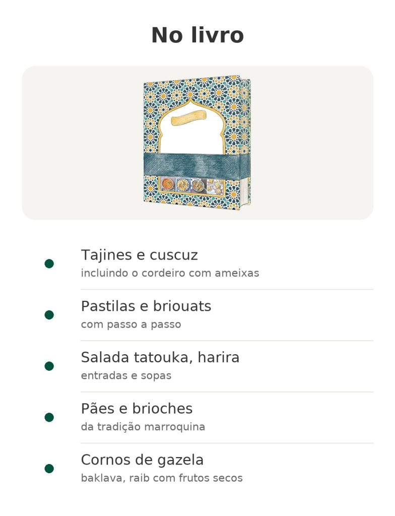 No livro: Tajines e cuscuz, Pastilas e briouats, Salada tatouka, harira