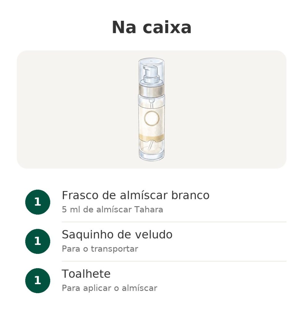 Na caixa: frasco de almíscar branco, saquinho de veludo, toalhete