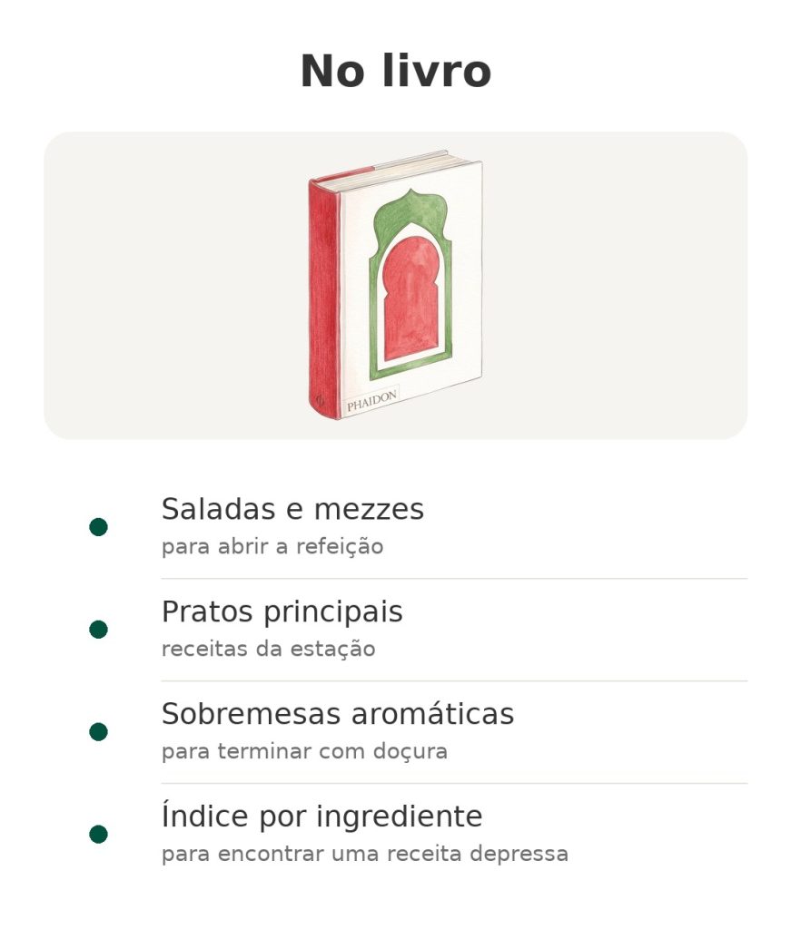 No livro: saladas e mezzes, pratos principais, sobremesas aromáticas, índice por ingrediente