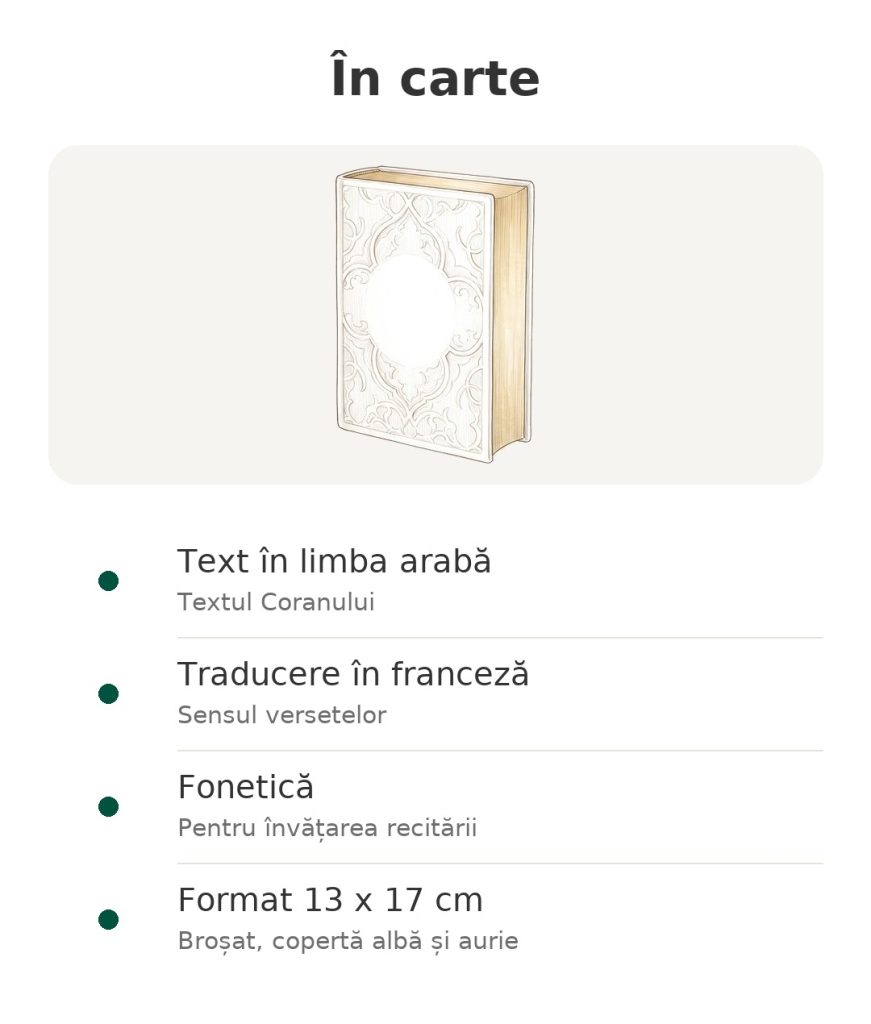 Sfântul Coran Albouraq în arabă, franceză și fonetică În carte: Coranul Albouraq cu text arab, traducere în franceză și fonetică, format 13 x 17 cm, copertă albă
