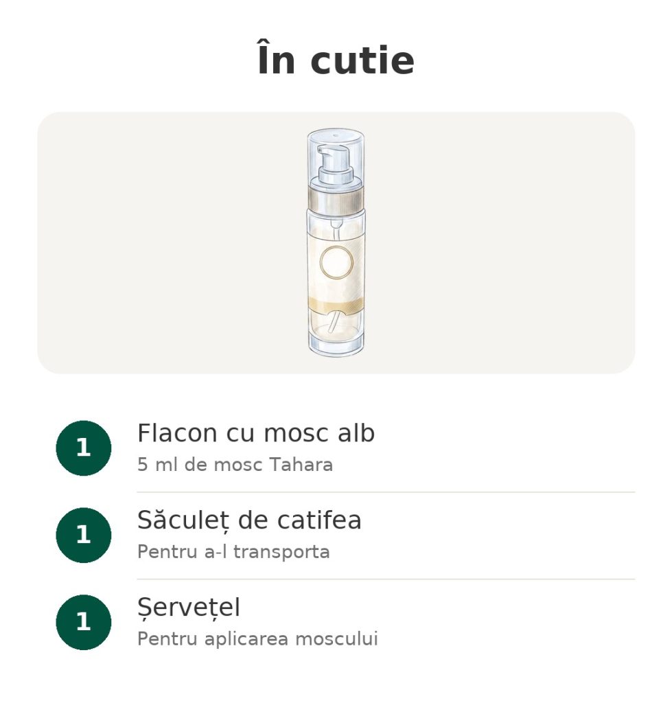 În cutie: flaconul de 5 ml cu mosc alb Tahara pentru igiena intimă, săculețul de catifea și șervețelul