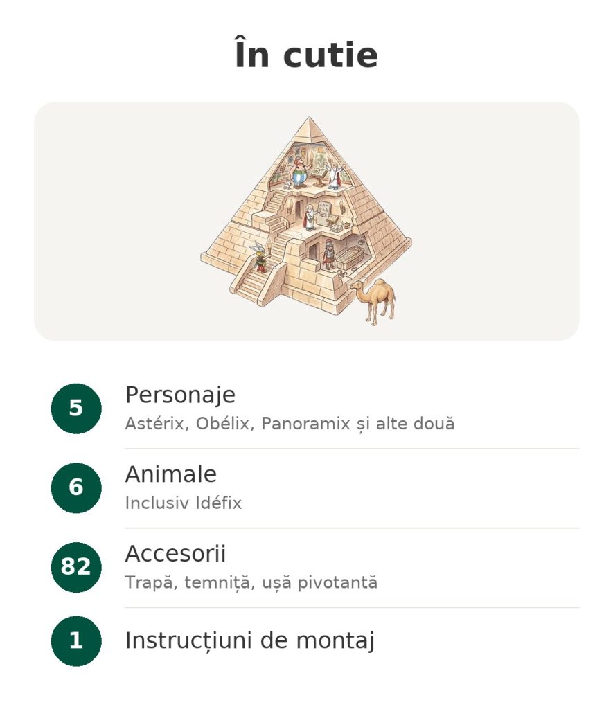 În cutie: set Playmobil Astérix cu piramida, 5 personaje, 6 animale, 82 de accesorii și instrucțiuni de montaj