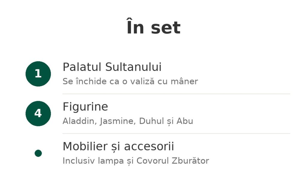 În set: palatul Sultanului care se închide ca o valiză, patru figurine Aladdin și Jasmine, mobilier și accesorii