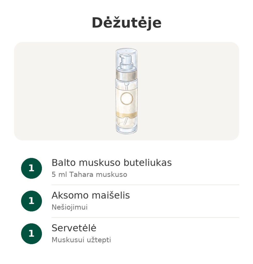 As Safar intymus tahara muskusas su maišeliu Dėžutėje: 5 ml balto Tahara muskuso buteliukas intymiai priežiūrai, aksominis maišelis ir servetėlė
