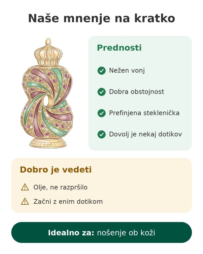 Naše mnenje na kratko o dišavnem olju Al Haramain Tanasuk v prefinjeni zlati steklenički