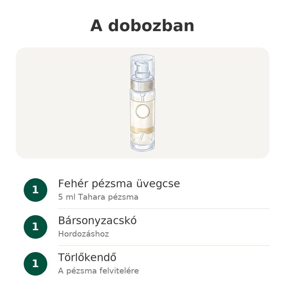 A dobozban: 5 ml fehér Tahara pézsma intim használatra üvegcsében, bársonyzacskó és törlőkendő