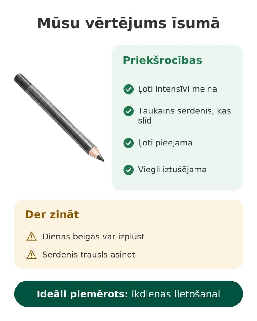 Essence Kajal Pencil zīmulis Mūsu vērtējums īsumā par Essence Kajal Pencil zīmuli, pieejamu kajala zīmuli ar ļoti intensīvi melnu krāsu