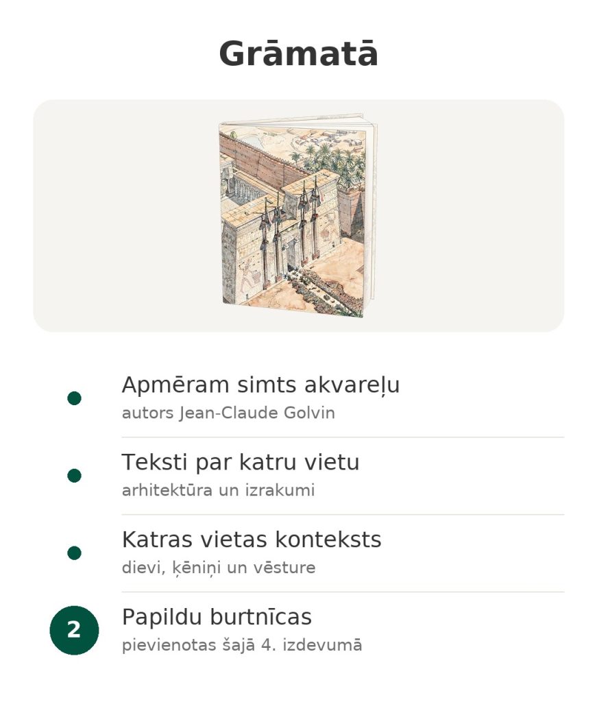 Grāmata par senās Ēģiptes vēsturi ar apmēram simts akvareļiem, autors Jean-Claude Golvin, tekstiem par katru vietu un kontekstu