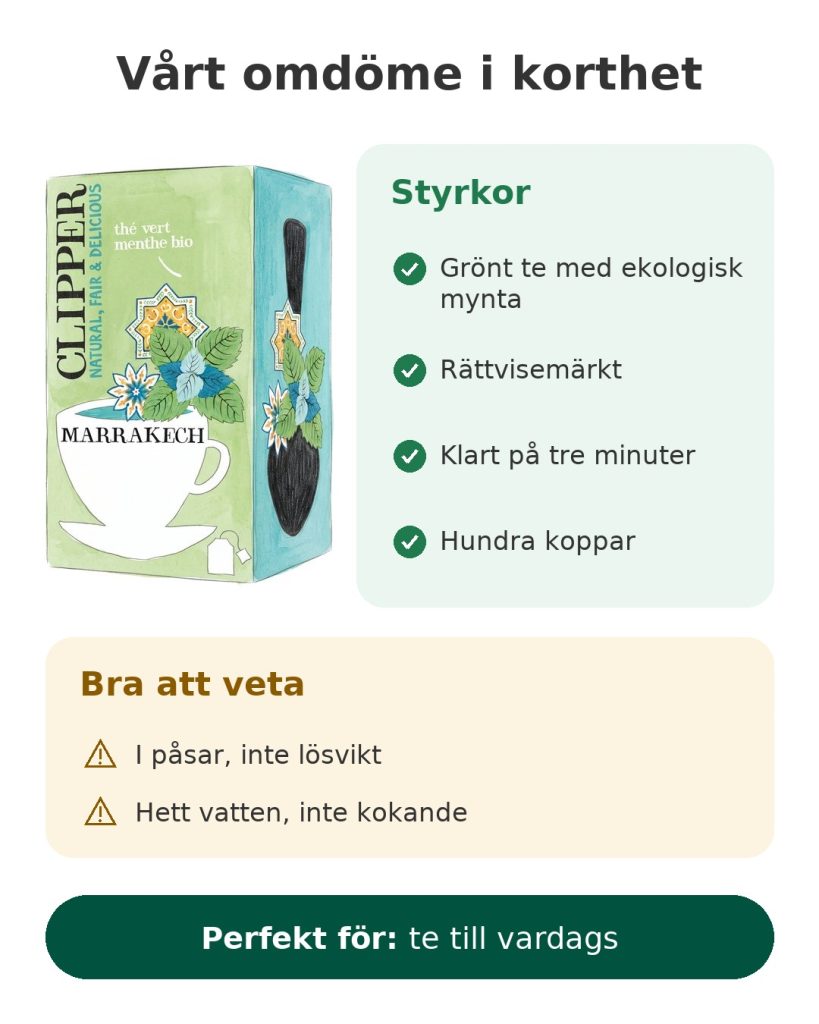 Vårt omdöme i korthet om grönt te med ekologisk mynta Clipper Marrakech