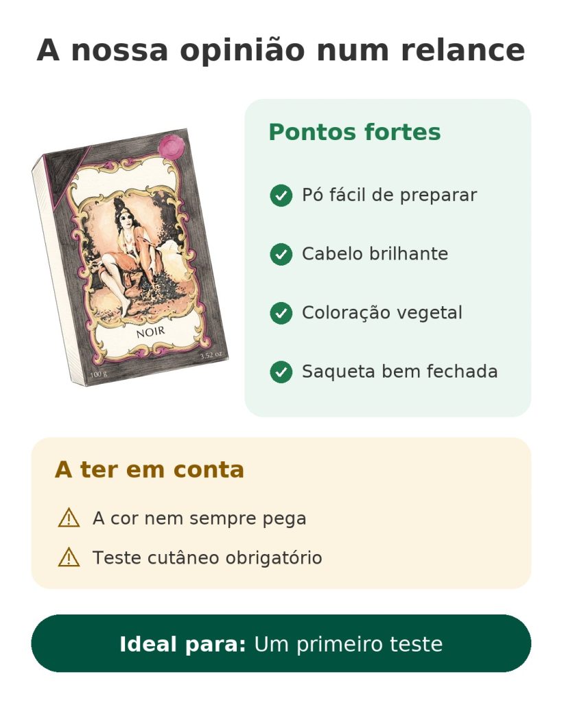 Cartão A nossa opinião num relance sobre a henna em pó: pó fácil de preparar, coloração vegetal e teste cutâneo