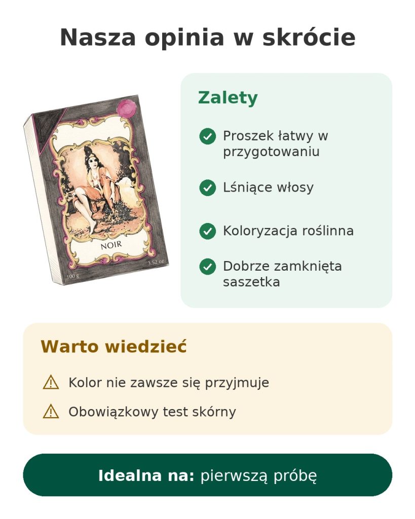 Czarna henna w proszku Henné Color 100 g Karta Nasza opinia w skrócie o hennie w proszku: łatwej w przygotowaniu, koloryzacja roślinna i test skórny