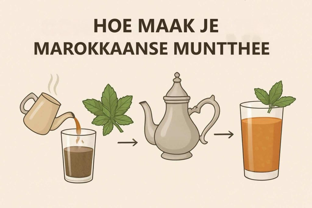 Hoe maak je Marokkaanse muntthee: illustratie met theepot, muntblaadjes en glas