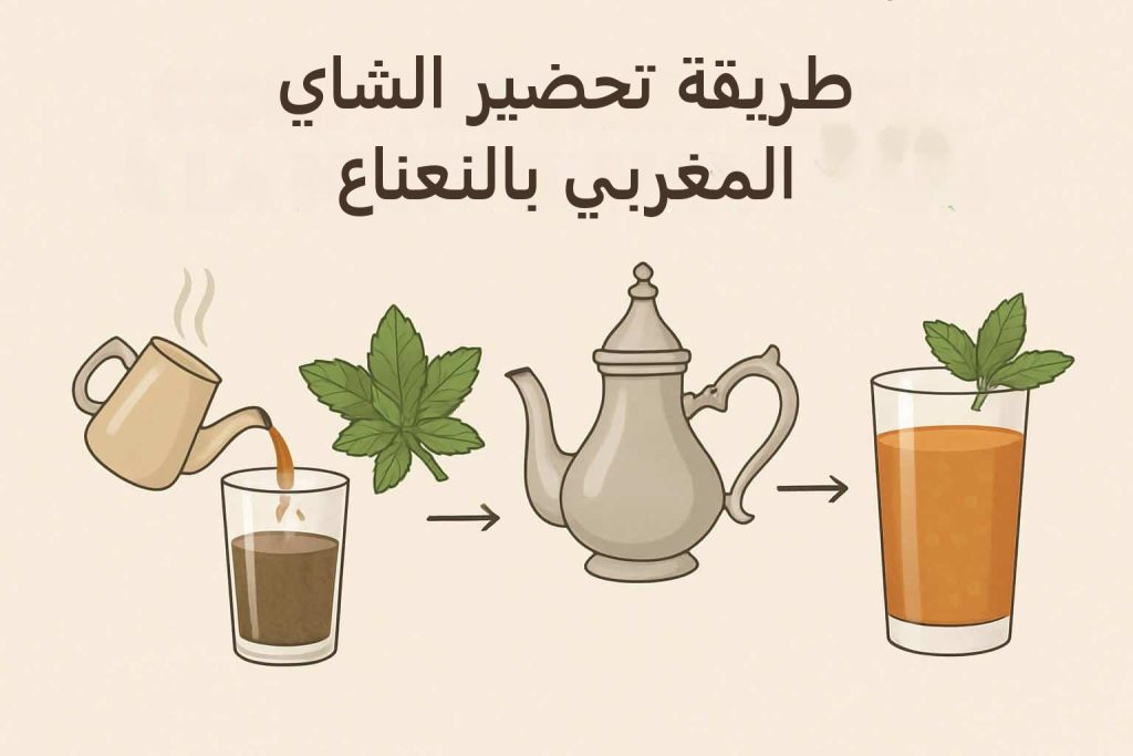 طريقة تحضير الشاي المغربي بالنعناع بالرسوم: إبريق ماء وكوب شاي وأوراق نعناع وإبريق مغربي وكوب جاهز