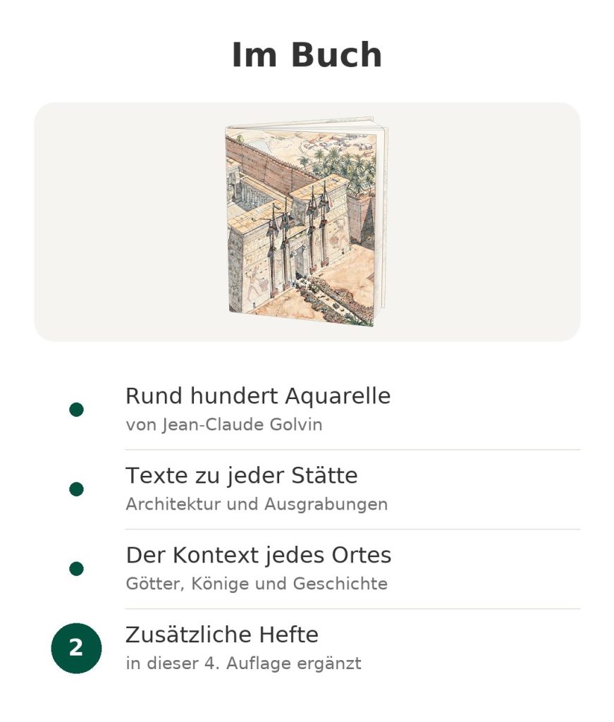 Im Buch: Rund hundert Aquarelle, Texte zu jeder Stätte, der Kontext jedes Ortes, zwei zusätzliche Hefte