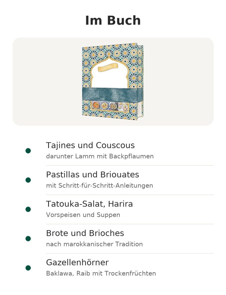 Im Buch: Tajines und Couscous, Pastillas und Briouates, Tatouka-Salat, Harira, Brote, Gazellenhörner