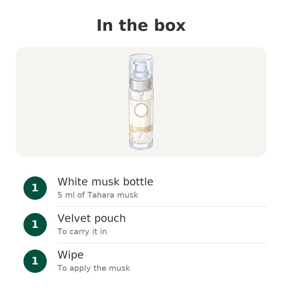 In the box: white musk bottle, velvet pouch, wipe