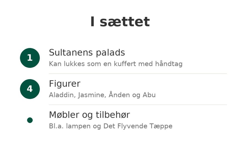 I sættet: Sultanens palads der lukkes som en kuffert, fire figurer fra Aladdin og Jasmine, møbler og tilbehør
