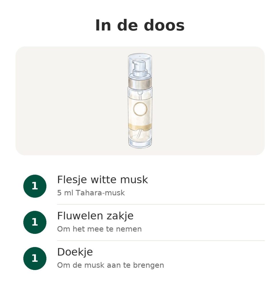 In de doos: flesje witte musk, fluwelen zakje, doekje