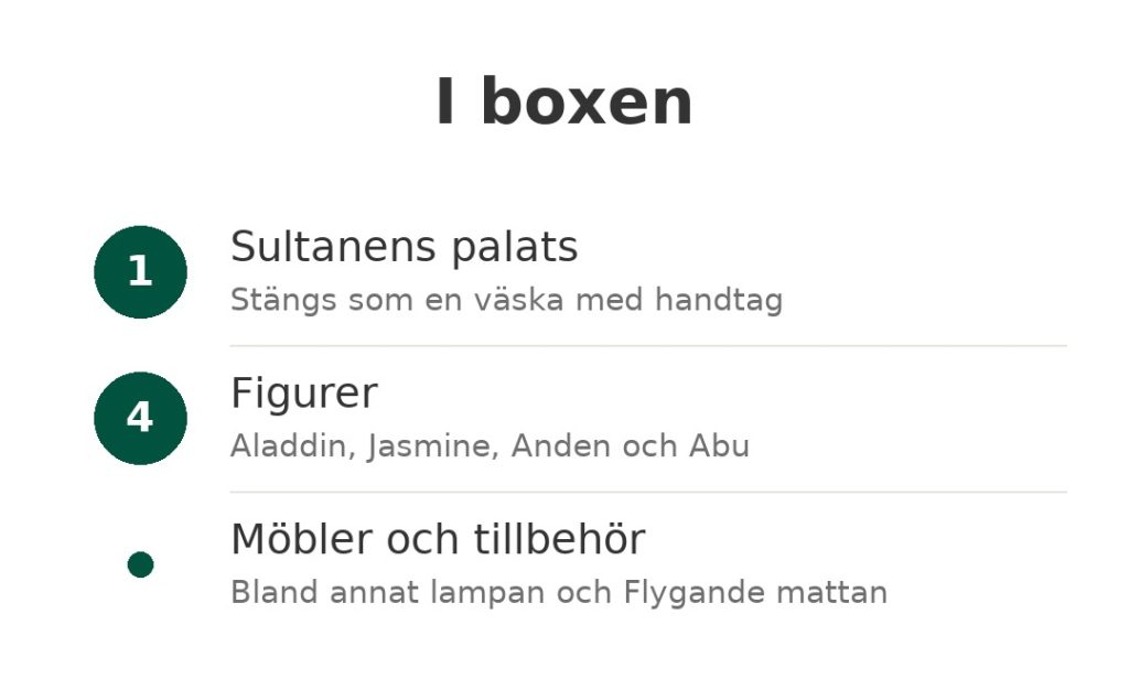 I boxen: Sultanens palats som stängs som en väska, fyra figurer från Aladdin och Jasmine, möbler och tillbehör